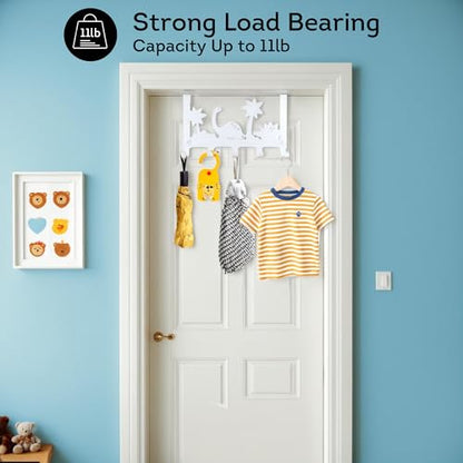 Lily's Home Dino Design Over the Door Hooks - White Behind Door Hanger with 5 Hooks for Clothes & Towels - Easy Install Coat Rack Load 11 Lb. - 14.96" Wide - Ideal for Kids' Rooms & Bathrooms