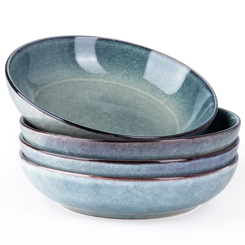 AmorArc 8.5’’ Ceramic Pasta Bowls Set of 4, 36oz Large Stoneware Bowls Set | Large Dinner Serving Bowls Set, Wide Bowl Plate for Pasta,Salad, Soup, Microwave Safe, Reactive Glaze-Ceylon Blue - color: Ceylon Blue, size: Set of 4