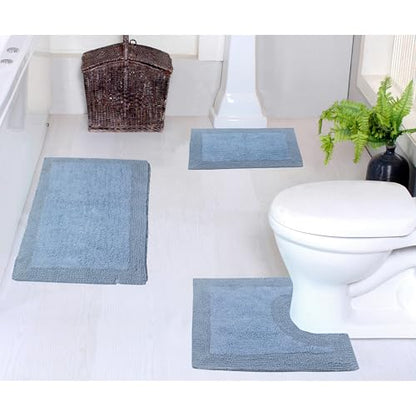 Home Weavers Luxury Collection 100% Cotton Reversible Bathroom Rugs Set, Washable Rug, Extra Soft and Absorbent Bath Rug, Kitchen Mat, 3 Piece Set with Contour, Blue - color: Blue, size: 3 Piece Set with Contour