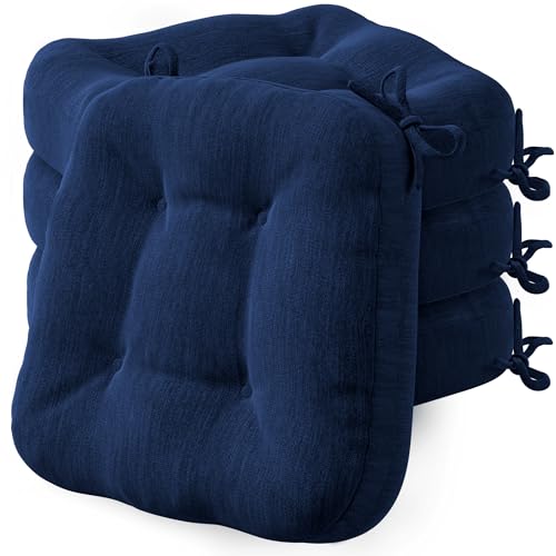 Codi Dining Chair Cushions 4 Pack, Thick Memory Foam Kitchen Seat Pads | 3.5-inch triple-layer comfort, Non-slip backing, Secure ties, Removable washable covers, 16.5"x16.5" D-shaped, Navy - color: Navy-new, size: Pack of 4