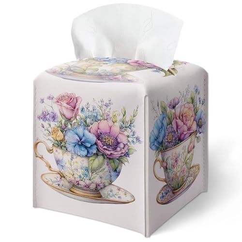 Pastel Floral Tea Set Prints Tissue Box Cover, Vintage Tea Cup Tissue Box Cover Square-Waterproof Leather, Desktop Decor for Living Room, Office, Aesthetic Home Decor, Gift for Women & Friend-A29 - color: Vintage Tea Cup