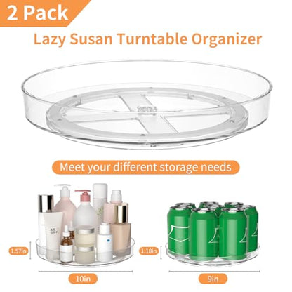 2 Pack Lazy Susan Turntable Organizer, 9 and 10 Inch Rotating Trays for Corner Cabinet, Fridge, Pantry, Kitchen, Table Top, Makeup Vanity, Bathroom Countertop Storage, Acrylic Spinning Spice Rack - size: 9+10inch - 2 Pack