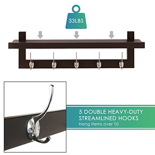 SMIBUY Coat Hooks with Shelf Wall-Mounted, 29.2 Inch Entryway Coat Rack for Wall, Bamboo Hanging Shelf with 5 Double Metal Hooks for Bathroom, Bedroom, Kitchen, Living Room, Mudroom (Dark Brown) - color: Dark Brown