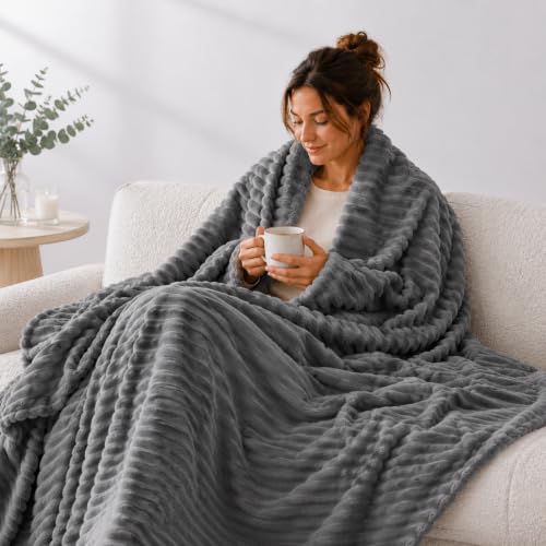 Nookly Grey Twin Size Fleece Blanket, Soft Lightweight Ribbed Plush Bed Blanket, Cozy All-Season Striped Fleece Twin Throw for Bedroom and Home, 60x80 Inches - color: Grey, size: Twin(60"x80")