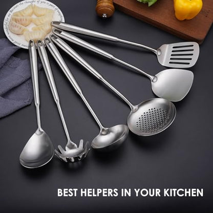 6 PCS All Metal Cooking Utensils Set - 18/10 Stainless Steel Kitchen Tools | Professional Cooking Spoons Set, 15" Spatula, Ladle, Skimmer Spoon, Pasta Serve, Large Spoon, Slotted Spatula Turner - color: 6-Pieces
