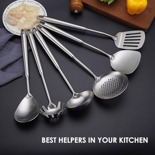 6 PCS All Metal Cooking Utensils Set - 18/10 Stainless Steel Kitchen Tools | Professional Cooking Spoons Set, 15" Spatula, Ladle, Skimmer Spoon, Pasta Serve, Large Spoon, Slotted Spatula Turner - color: 6-Pieces