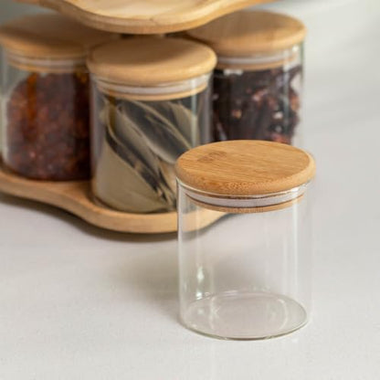Minimalist Two-Tier Bamboo Lazy Susan Turntable with 8 Pcs 12 oz Airtight Lid Glass Jars, Versatile Spice Rack Organizer, Perfect for Kitchen Countertops, Dining Tables, and Pantry Cabinets