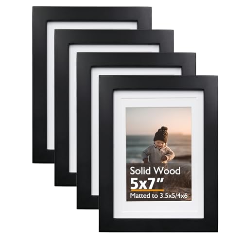 5x7 Picture Frame Black, Solid Wood Frames 5x7 with Acrylic Plexiglass for Pictures 4x6 With Mat,Tabletop and Wall Display, 5 x 7 Picture Frame Set of 4 - color: Black, size: 5x7