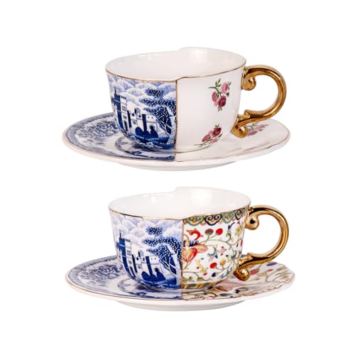 KAMMAK Tea Cups and Saucers Set of 2, Fine Bone China Coffee Cups, 582N | Stackable Espresso Mugs, Ceramic Demitasse for Coffee, Cappuccino, Latte, Americano, Tea - size: 7KPSP582N+583N