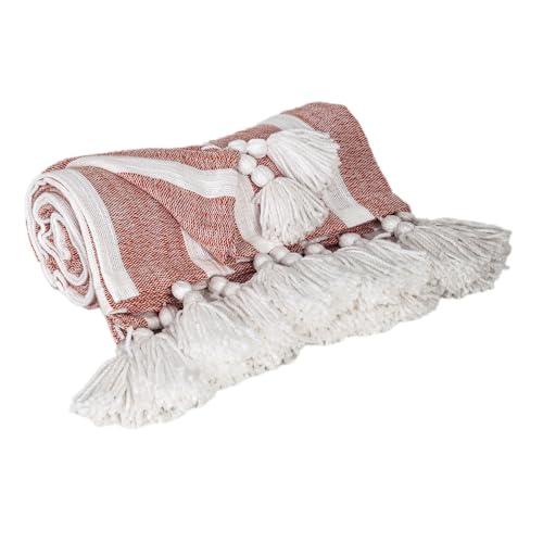 HomeRoots 50" X 60" Rust Woven Cotton Striped Throw Blanket with Tassels