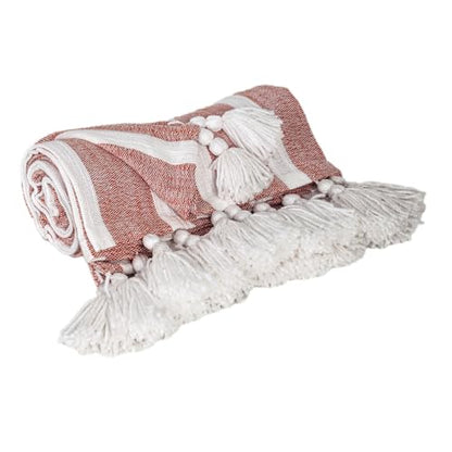 HomeRoots 50" X 60" Rust Woven Cotton Striped Throw Blanket with Tassels