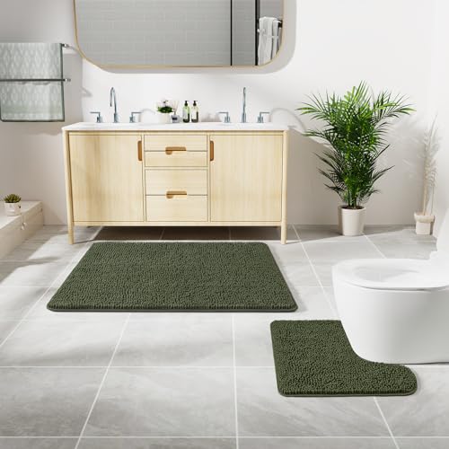 LOCHAS Bathroom Rugs Sets 2 Piece, 20''x20'' & 34''x21'', Olive Green | Non Slip U-Shaped Toilet Rug, Chenille Washable Absorbent, Soft Bath Mat Set for Shower, Sink - color: Olive Green