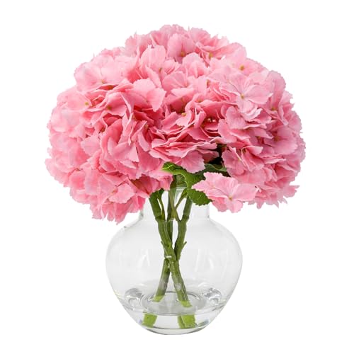 Hydrangea Artificial Flowers with Glass Vase, Real Touch FauxHydrangea Arrangement with Faux Water, Ready-to-Display Table Centerplecefor Bathroom, Shelf, Home Décor (Dark Pink) - color: Dark Pink