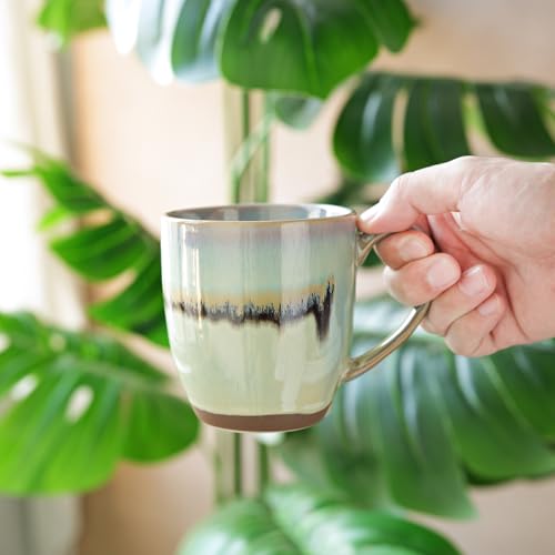 Bosmarlin Ceramic Coffee Mug Set of 4, 17 Oz, Coffee Cups with Big Handle, Microwave Safe, Unique Reactive Glaze (17 Oz, Turquoise Green Light) - color: Turquoise Green Light