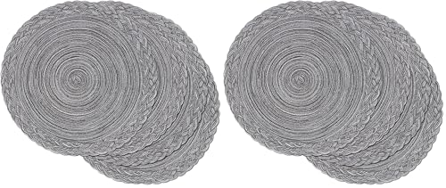 SHACOS Round Placemats Set of 4 Boho Braided Border 15 inch Circle Place Mats Washable Fabric Table Mats for Kitchen Dining Table, Gray (Pack of 2) - color: Gray, size: 4 pieces (Pack of 2)