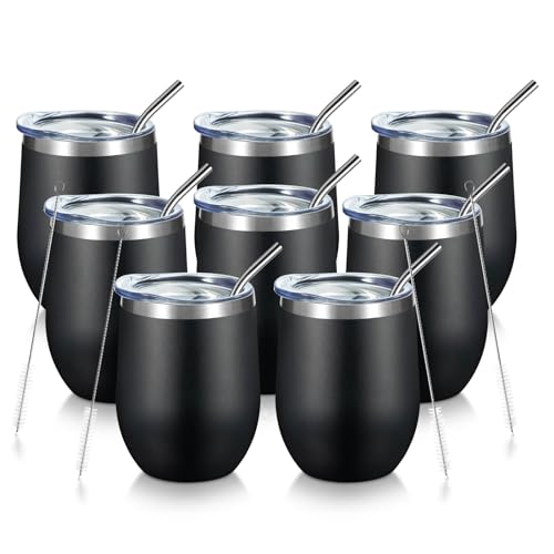 COMOOO 12oz Stainless Steel Drinking Cup - Bulk with Lid and Straw, Double Wall Vacuum Insulated, for Hot and Cold Drinks, Coffee, Cocktails, Black, 8 Pack - color: Black