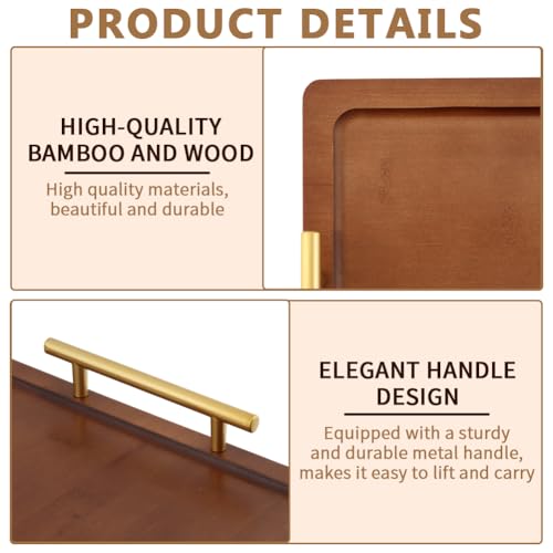 Wood Serving Tray with Metal Handles,Decorative Serving Tray, Food Drinks Tray for Breakfast, Coffee Table, Dinner & Bar, Kitchen, Bedroom (Brown)