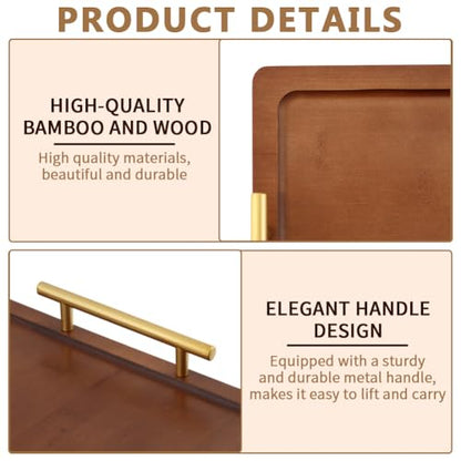 Wood Serving Tray with Metal Handles,Decorative Serving Tray, Food Drinks Tray for Breakfast, Coffee Table, Dinner & Bar, Kitchen, Bedroom (Brown)