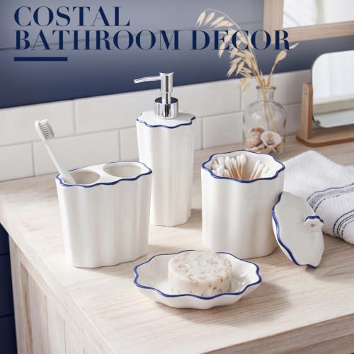 Zhehao Scalloped Bathroom Ceramic Accessories Set 4 Pcs Bathroom Accessory Sets with Toothbrush Holder Soap Dispenser Soap Dish Cotton Swab Jar Bathrooms Countertop Organizer(Blue) - color: Blue