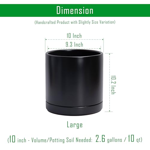 D'vine Dev 10 Inch Ceramic Planter Pot, Black, 94-O-E-2 | Modern Cylinder Design, Drainage Hole & Saucer Included, Stable Structure, Elegant Home Accent - color: Black, size: Large