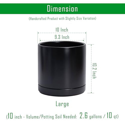 D'vine Dev 10 Inch Ceramic Planter Pot, Black, 94-O-E-2 | Modern Cylinder Design, Drainage Hole & Saucer Included, Stable Structure, Elegant Home Accent - color: Black, size: Large