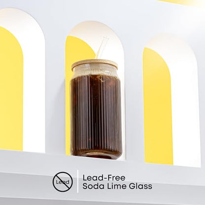JoyJolt Fluted Glass Tumblers with Bamboo Lids and Glass Straws, Ribbed Can Shaped Drinking Glasses Set of 4, 16oz Cup with Lids and Straws, Iced Coffee Cups, Cocktail/Beer Glasses, Tea Cups - style: Clear Glasses