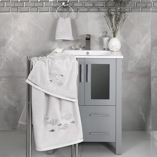 Treasure 4-Piece Premium Towel Set, Sparkling Applique Fish, Ultra Plush Turkish Cotton, Durable, Perfect for Bathroom, 2 Bath 2 Hand Towels, Silver - color: Silver, size: 2 Pcs Bath 2 Pcs Hand Towel