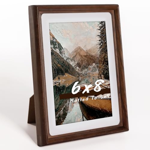 Handmade Solid Walnut Wood 6x8 Picture Frame with Real Glass, Photo Frame with Mat Fits 5x7 Photo, Tabletop & Wall Mount Display for Home Decor & Festival Gift - color: Walnut, size: 6×8