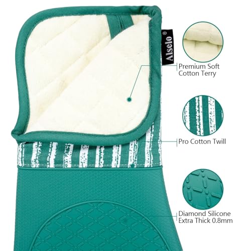 Alselo Silicone Oven Mitts Heat Resistant 932℉ with Waterproof & Non-Slip | Kitchen Mittens Set of 2,Extra Long 7.5"x15" Gloves with Soft Cotton Terry Lining for Baking Cooking BBQ (Emerald Green,2) - color: Emerald Green