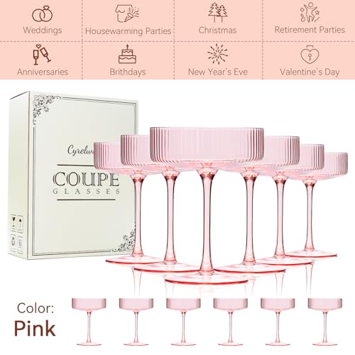 Pink Coupe Glasses Set of 6 |9 oz martini Glasses |Pink Cocktail Glasses Set,Champagne Coupe Glasses for Margarita, Bar,Dessert Glass - color: Pink