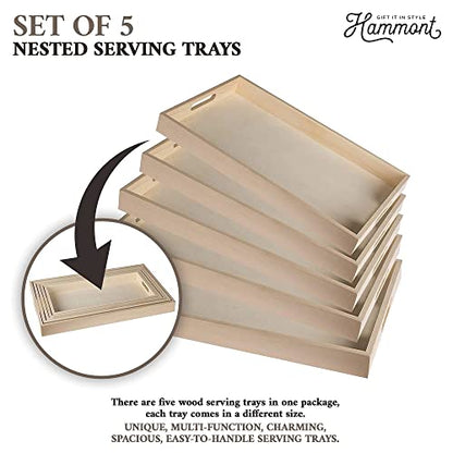 Wood Serving Tray Set with Handles - 5-Piece Nested Breakfast Trays for Food, Party Buffet, Organizing, and Montessori - Versatile Wooden Trays for Serving, Catering, and Bathroom Use