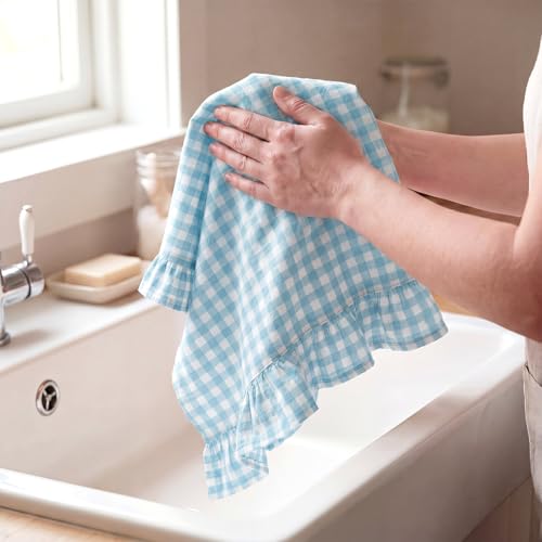 HunnmingRe Light Blue Kitchen Towels Set of 2, 100% Cotton Ruffled Gingham Dish Towels 18"x28" Tea Cloths Classic Plaid Pattern for Farmhouse Charm, Drying Dishes, Entertaining Guests - color: Light Blue, style: Gingham