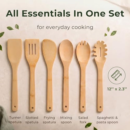 Wooden Spoons for Cooking, 6 Pcs Bamboo Utensil Set – Nonstick Safe | Heat-Resistant, Easy to Clean & Sturdy – Smooth Finish with Comfortable Handles, Food-Safe - size: 6 Pieces