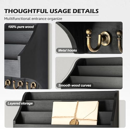 Rebee Vision Mail Organizer Wall Mounted with 6 Key Hooks, Black | Pine Wood, Key Holder Wall Mount, Hanging Mail Holder for Wall, 3-Tier Letter Slots, key Hanger, Apartment Rustic Aesthetic - color: Black