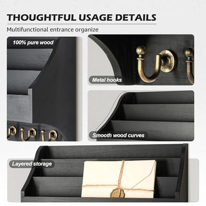 Rebee Vision Mail Organizer Wall Mounted with 6 Key Hooks, Black | Pine Wood, Key Holder Wall Mount, Hanging Mail Holder for Wall, 3-Tier Letter Slots, key Hanger, Apartment Rustic Aesthetic - color: Black