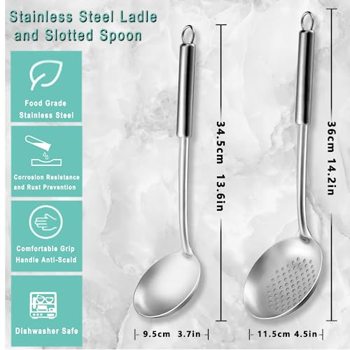 Pleafind 2-Pcs Ladle and Slotted Spoon, Soup Ladle and Strainer Spoons, Stainless Steel Cooking Spoon and Skimmer Spoons, Kitchen Utensils, Wok Utensils for Home and Restaurant, Dishwasher Safe - color: 2P-Grey