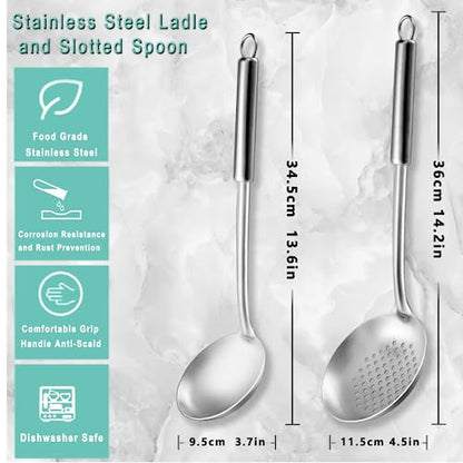 Pleafind 2-Pcs Ladle and Slotted Spoon, Soup Ladle and Strainer Spoons, Stainless Steel Cooking Spoon and Skimmer Spoons, Kitchen Utensils, Wok Utensils for Home and Restaurant, Dishwasher Safe - color: 2P-Grey