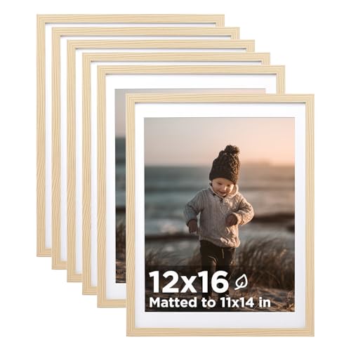 12x16 Picture Frame Wood Grain Set of 6 Photo Frames Matted 11x14 | 12 x 16 Wooden Picture Frame with Plexiglass Fits 11x14 with Mat or 12x16 without Mat for Table and Wall Display - color: Wood Grain, size: 12x16