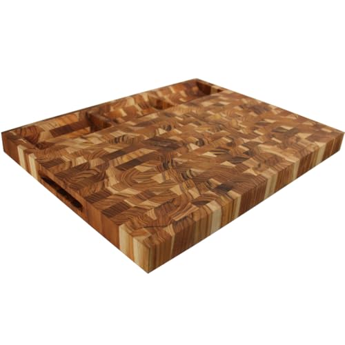 EcoDecors Teak End Grain Cutting Board 24x18 with Juice Groove | Reversible teak cutting board features 3 charcuterie trays for serving cheese, meat, fruit, crackers, and appetizers. - color: End Grain Teak, size: 24"L x 18"W