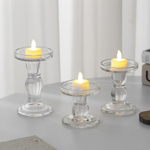 GUTE Glass Candle Holders 3 Pcs Crystal Clear Candlesticks Table Decor | Pillar/Taper/Tealight Candle Compatible,Thickened Crystal Glass,Stable Base,Wedding Centerpiece,Party,Dining Room,Decor