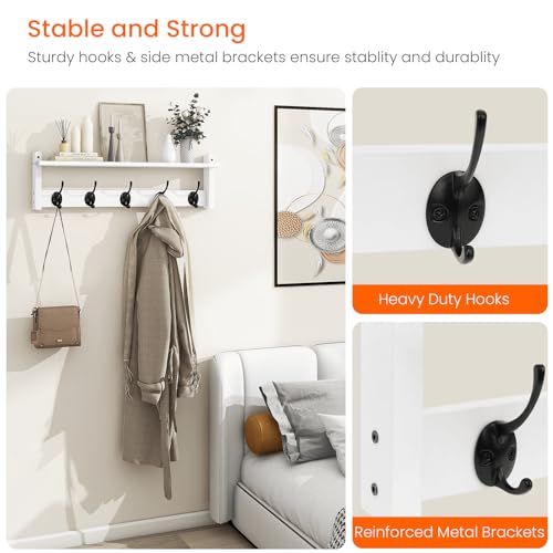 Coat Rack with Shelf Wall Mount, 24 Inch Long Wall Shelf with Hooks Underneath, Wood Hanging Coat Hanger with Hat Shelves for Entryway, Bathroom, Mudroom, White - color: White, size: 24 Inch Long