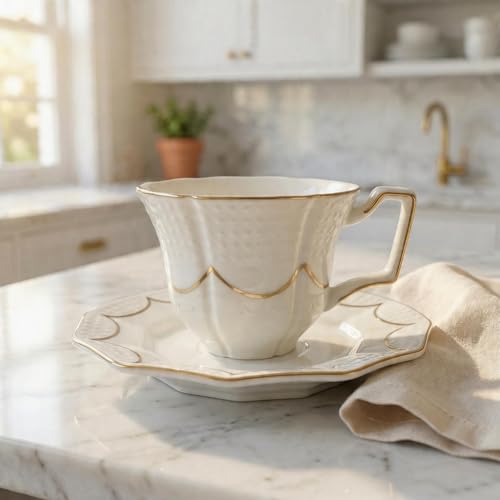 Tea Cup and Saucer Set for 1, Ceramic, White, 6.8 Oz | Coffee Cup with Saucer and Spoon, Elegant Design, 3D relief patterns, Gold Trim, Protective Packaging, Ideal for Gift - color: Modern