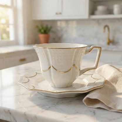 Tea Cup and Saucer Set for 1, Ceramic, White, 6.8 Oz | Coffee Cup with Saucer and Spoon, Elegant Design, 3D relief patterns, Gold Trim, Protective Packaging, Ideal for Gift - color: Modern