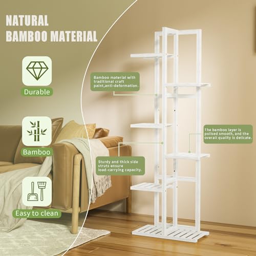 ROMGUAR CRAFT 6 Tier Bamboo Plant Stand Indoor, Wood Tall Flower Holder Corner Tiered Plant Shelf for Multiple Plants (White)