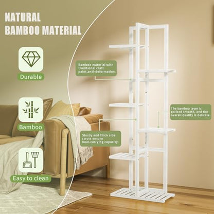 ROMGUAR CRAFT 6 Tier Bamboo Plant Stand Indoor, Wood Tall Flower Holder Corner Tiered Plant Shelf for Multiple Plants (White)