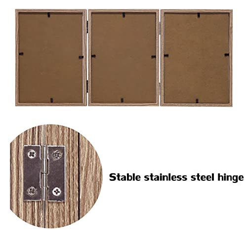 WUTL 3 Picture Frame Triple Collage 5x7 Frames with Real Glass Wood Grain | Trifold Photo Frame, Hinged Foldable, Crystal Clear Real Glass - color: Wood Grain, size: 5x7