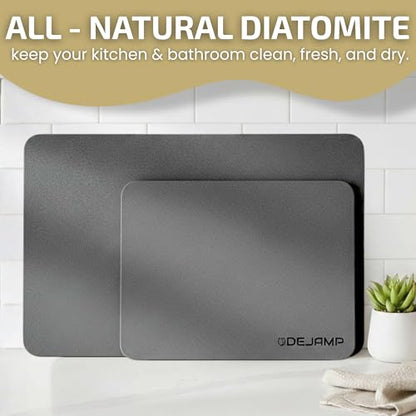 Stone Bath Mat Set - Diatomaceous Earth Bath Surface 24x15 Inches - Stone Kitchen Mat 18x14 Inches - Quick Drying Bathroom Floor - Absorbent Non SLP - 2 Pack for Bathroom and Kitchen - Grey