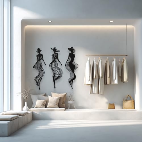 XXQ Abstract Women Silhouette Metal Wall Art Set of 3 – Modern Line Art Decor for Living Room, Bedroom, Hallway, or Studio Walls (Black, 30" x 9" / 76 x 24 cm) - size: 30L" x 9W"