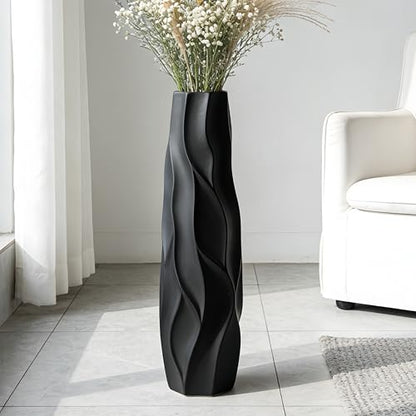 Black Tall Ceramic Floor Vase, 28 Inch, Pleated Wave Design | Matte Finish, Spacious Rooms, Statement Corners, Fireplace, Dried Branches - size: 28 Inch