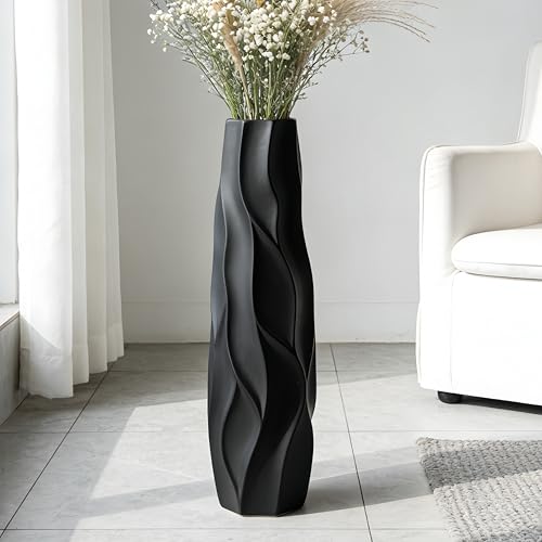 Black Tall Ceramic Floor Vase, 28 Inch, Pleated Wave Design | Matte Finish, Spacious Rooms, Statement Corners, Fireplace, Dried Branches - size: 28 Inch